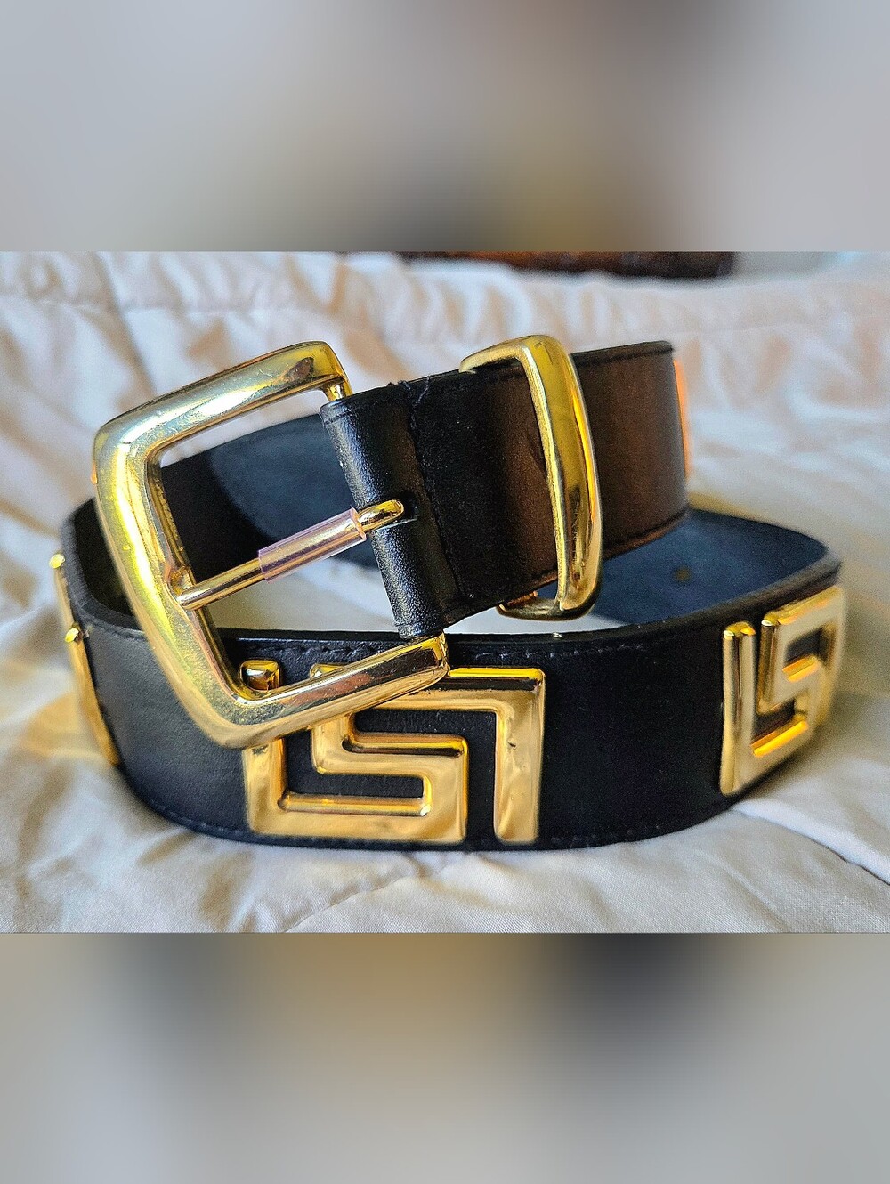 Vtg Y2K Express Compagnie Internationale Genuine Leather Greek Key Belt Black